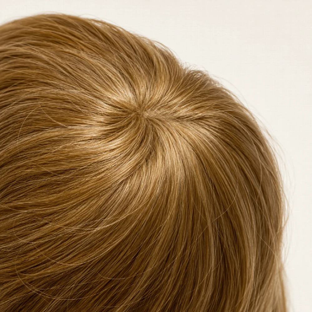 Immagine illustrativa AI: dettaglio della trama e della scriminatura dei capelli biondo miele