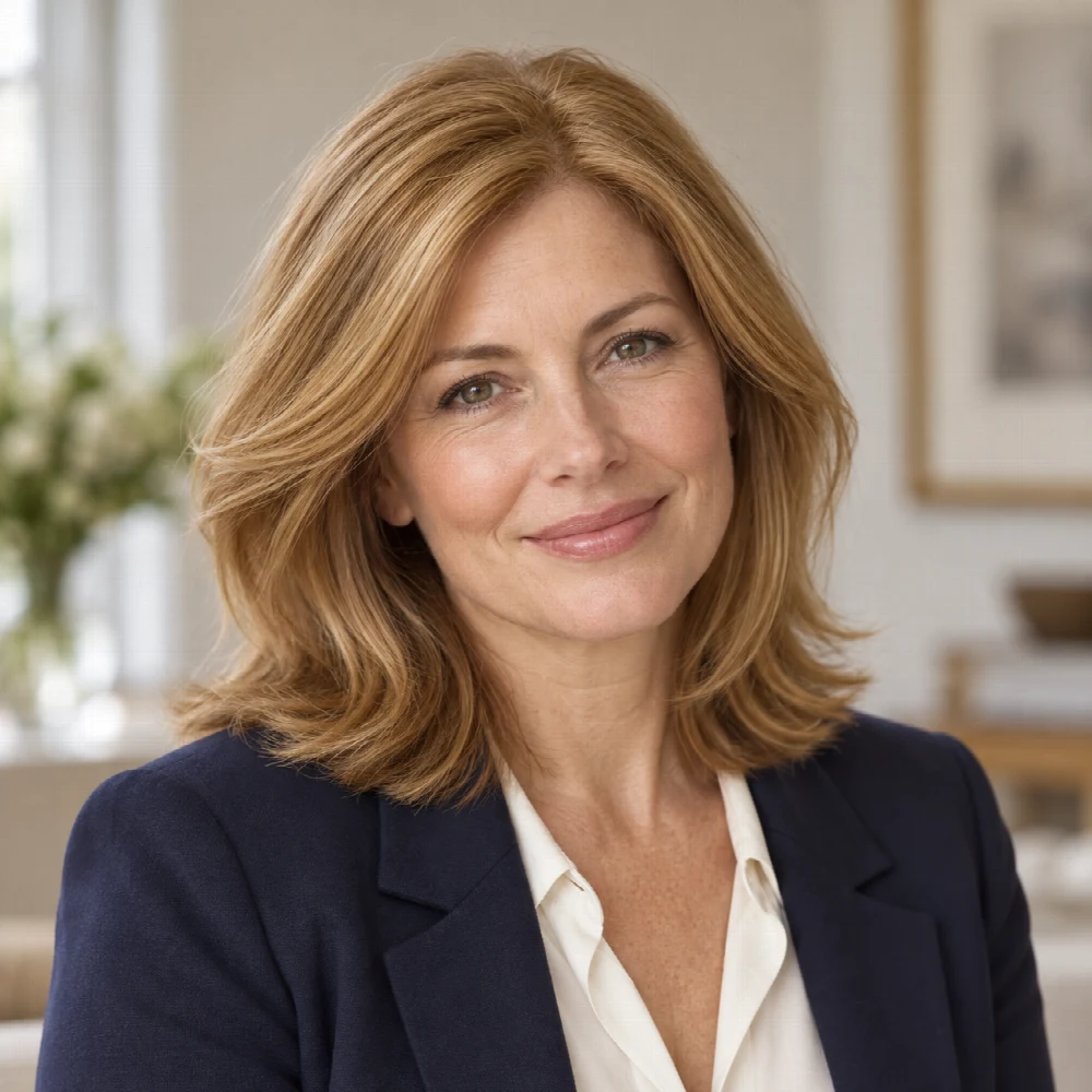 Immagine illustrativa AI: donna con capelli biondo miele in ambiente professionale