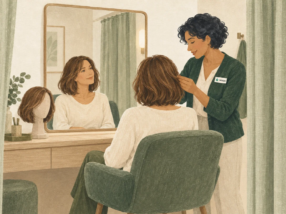 Illustrazione: una cliente prova una parrucca allo specchio con una consulente Trixen, in una cabina riservata.