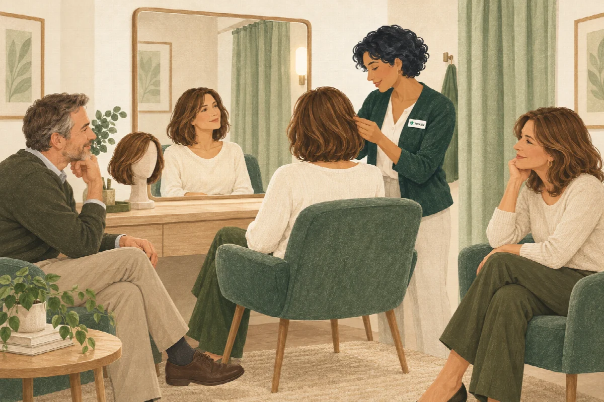 Illustrazione: durante la prova di una parrucca, due accompagnatori siedono accanto alla cliente e alla consulente Trixen.